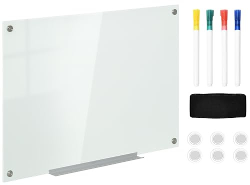 Vinsetto Tableau magnétique en verre mural 90 x 60 cm sans cadre avec plateau, 4 marqueurs et tampon effaceur, installation facile, blanc