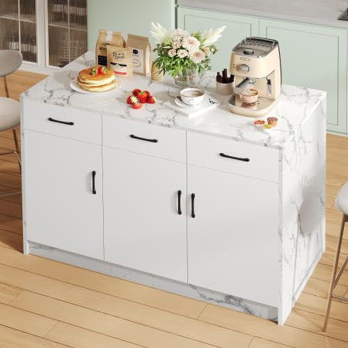 Merax Isla de cocina grande 120 x 60 x 90,5 cm con zona de bar, diseño de mármol blanco, 3 cajones y 3 puertas, estantes ajustables, ideal para cocina, armario de cocina y armario buffet