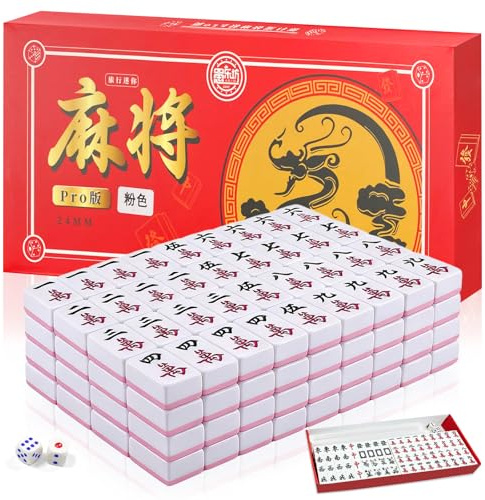Klerbesh Mini Mahjong Set 24mm, Portable Chinese Mahjong Board Game with 144 Tiles mit 4 Legeschienen Includes 2 Dice, Asiatische Kultur for Family Travel Tabletop Game Board Game