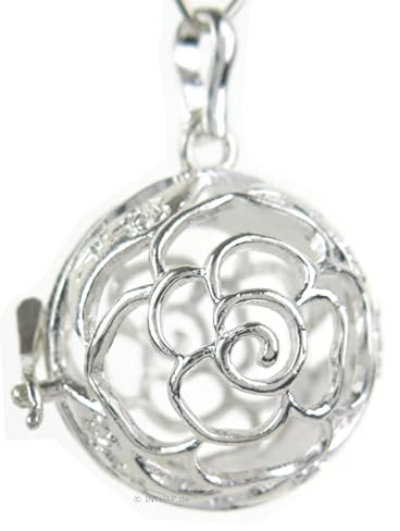 INTHAP 925 Sterling Silber Amulett Rose | Rosenblüte Klangkugel-Medaillon zum Öffnen | Anhänger für Ihre Halskette | Käfig leer für 20 mm Klangkugeln | Damen Schmuck | Geschenk für Frauen