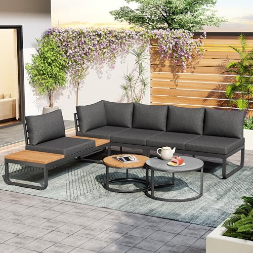 BTM Gartenmöbel-Set (4-5 Sitzplätze), 2 stapelbare Couchtische, verzinkter Eisenrahmen, Bequeme Gartenmöbel, graue Sitzpolster und Kissen inklusive, mit verstellbaren Beinen