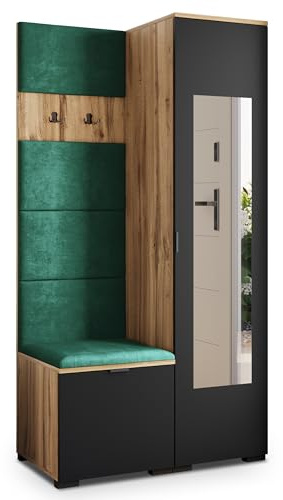 Masseno Flugarderoben Set VIRA, Kleiderschrank-Set mit Spiegel und Sitzbank, Garderobenschrank Flur mit 3 Regalböden, Eiche Wotan/Schwarz