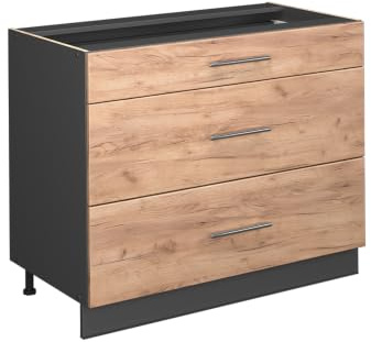 Vicco Küchenunterschrank Fame-Line, Goldkraft Eiche/Anthrazit, 100 cm | 3 Schubladen · Ohne Arbeitsplatte · Höhenverstellbare Füße · Metallgriffe · Metall-Vollauszüge