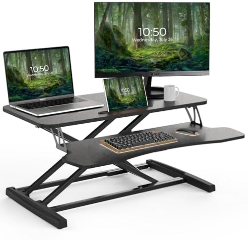 PUTORSEN 32 inch Standing Desk Converter, Height Adjustable Sit Stand Desk Converter for PC Computer Screens, Ergonomic Adjustable Desk Riser with 31 inch Keyboard Tray and Tablet Slot, Black