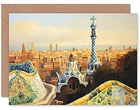 Fine Art Prints Park Guell Painting Barcelona Grußkarte mit Umschlag im Inneren, Premium-Qualität