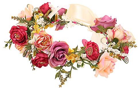 Vivivalue Verstellbares Blumen-Stirnband mit Blumen-Girlande, Krone, Halo-Kopfbedeckung Boho mit Band, Hochzeit, Festival, Party, 6, Einheitsgröße