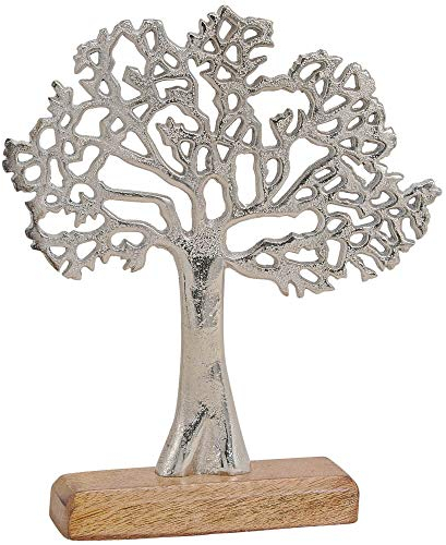 matches21 Skulptur Deko Baum aus Metall & Holz Holzfigur Metallfigur Skulptur Dekoration Silber braun 1 STK 22x5x27 cm