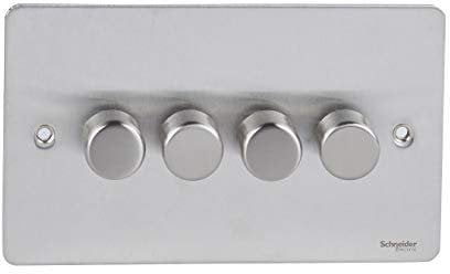 Schneider Electric Ultimate Flat Plate - 4 Gang 2 Way Dimmer Light Switch, Main and Low Voltage, 250W/VA, GU6242CSS, Stainless Steel