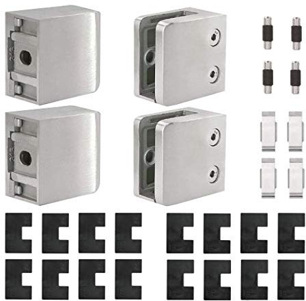 Stainless Steel 316 [Marine Grade] Square Glass Clamp for Flat Surface Square Tubing & Glass Balustrade, for Glass Thickness 3/8 or 1/2, 4-Pack (GC-057FS) (Brush Nickel)
