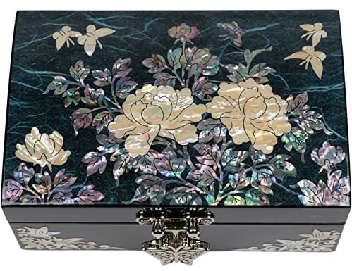 February Mountain Perlmutt Schmuckkasten mit Blumenmuster und Schmetterlingen – Elegante Aufbewahrungsbox für Schmuck und Accessoires, Handgefertigt in Südkorea