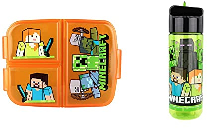 p:os Minecraft Set für Kinder: Brotdose mit 3 Fächern & Trinkflasche 540 ml mit integriertem Strohhalm