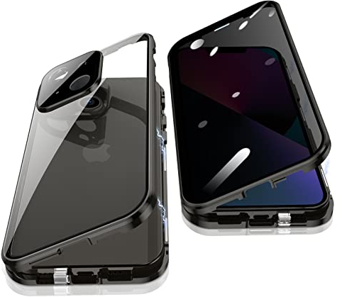 Jonwelsy Anti Peeping Hülle für iPhone 13 (6,1), 360 Grad Schutz Case, Privatsphäre Gehärtetes Glas Anti-Spähen Cover, Stark Magnetische Adsorption Metallrahmen Handyhülle für iPhone 13 (Schwarz)