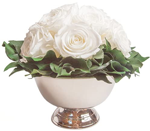 ROSEMARIE SCHULZ Heidelberg Infinity Blume in silberfarbenen Becher ewige Rose konserviert Blumenstrauß langhaltend (Weiß, 11 Rosen)