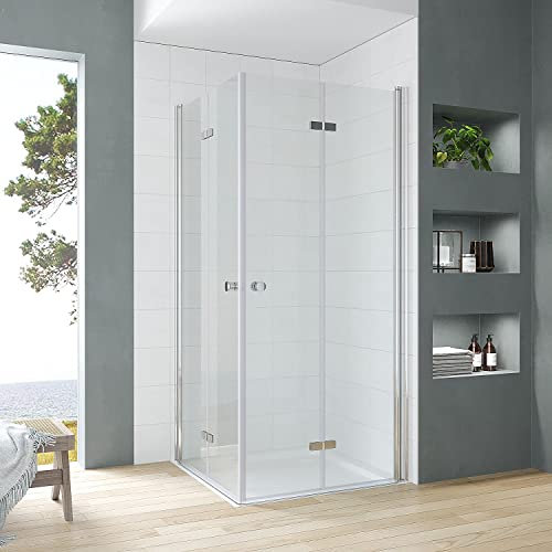 Duschkabine Eckeinstieg 80x80 x 187 cm mit Falttüren Drehfalttüren Schwingtüren Drehtüren Eckdusche Duschwand Glas Duschabtrennung rahmenlos für Duschwanne oder Bodengleiche Dusche Echtglas klar 5 mm
