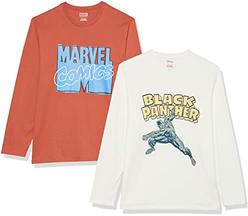 Amazon Essentials Disney | Marvel | Star Wars Men's Long-Sleeve T-Shirts, Pack of 2, Marvel Comic Logo/Marvel Black Panther, XL