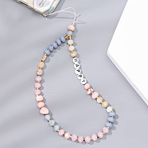 Kristallstein Acryl Buchstaben Perlen Kette Handykette,HAPPY Telefonkette Handgelenkschlaufe Kette Handyschmuck Phone Chain Telefon Anhänger Handyanhänger Schlüsselanhänger Taschenanhänger,Rosa