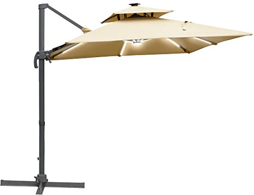 Outsunny 3m Cantilever Roma Parasol, Offset Patio Umbrella, Solar LED Lighted Hanging Sun Shade Canopy 250g Polyester SunShade with Aluminium Frame, Tilt & Crank Handle, Cross Base for Lawn, Khaki