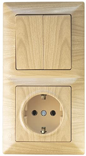 Gunsan Enchufe Visage KOMBI con interruptor doble, interruptor de serie, protección de contacto, empotrado, aspecto de madera, madera de águila