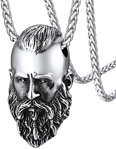 FaithHeart Edelstahl Nordischer Wikinger Kopf Anhänger Viking Stil Amulett Punk Vintage Viking Amulett mit 55cm lang Weizenkette für Herren Jungen