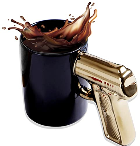 ZONSNSE Tasse mit Pistolengriff, Pistole Waffe Trinkbecher, Cappuccino Tassen, Kaffeebecher Porzellan, Lustige Geschenke für Männer, Vatertagsgeschenk Tasse, 400ML (Schwarz & Gold)