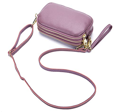 AprinCtempsD Schultertasche Damen Echt Leder Umhängetasche Handgelenkstasche Tasche Kleine Clutch Geldbörse Geldbeutel Große Kapazität mit Reißverschluss (Lila)