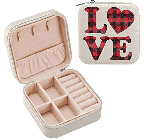 Buffalo Schmuckkästchen mit rotem Karomuster, für Damen, PU-Leder, tragbar, für Ringe, Ohrringe, Halsketten, Uhren, Geschenke für Mädchen und Frauen