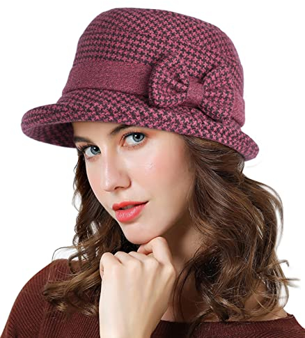 Adigaber Damen Glockenhut Warme Weiche Fedora Rundhut Kirche Hüte mit Schleife Blumen Einstellbar