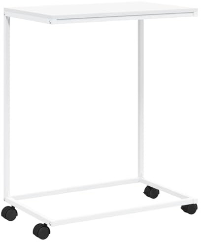 vidaXL-Side Table with Wheels, Versatile C-Shaped End Table, White Engineered Wood, Iron Frame, Rectangular, Suitable for Living Room or Bedroom
