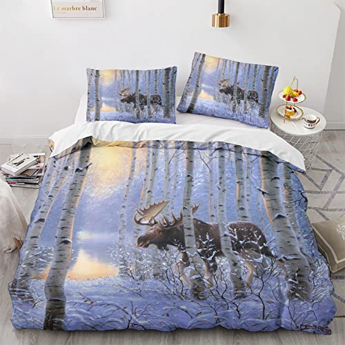 TAKOLI Bettwäsche 220x240 Elch Schnee, Weiche Microfaser Bettwäsche Set 3 teilig, 1 Bettbezug 220x240 & 2 Kissenbezüge 80x80, mit Reißverschluss