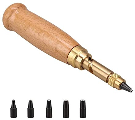 feedal Punzone a vite regolabile Punzone a vite con manico in legno, 6 punte Dimensioni: 1,5 mm, 2 mm, 2,5 mm, 3 mm, 3,5 mm, 4 mm per cucito Strumento di rilegatura di carta in pelle