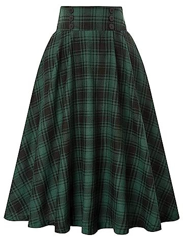 seiveini Jupe Carreaux Femme Longue Trapèze Plissée Maxi Jupes Ecossaise Taille Haute Vintage Automne Hiver A Vert S