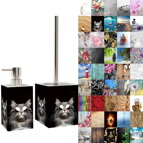 Sanilo Badezimmer Set, Seifenspender und WC Bürste mit Motiv, große Auswahl, Klobürste ohne Bohren, schöne Designs (Cool Cat)