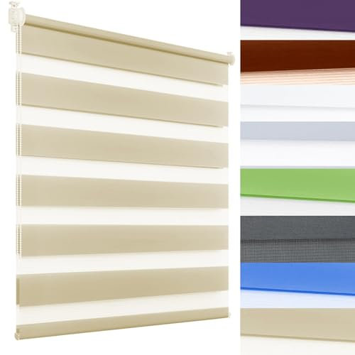 Klemmfix Rollo ohne Bohren 110 x 120 cm Sichtschutz und Sonnenschutz Sonnenschutzrollo Zebrarollo Seitenzugrollo Bequeme Montage für Fenster & Balkontür, Beige