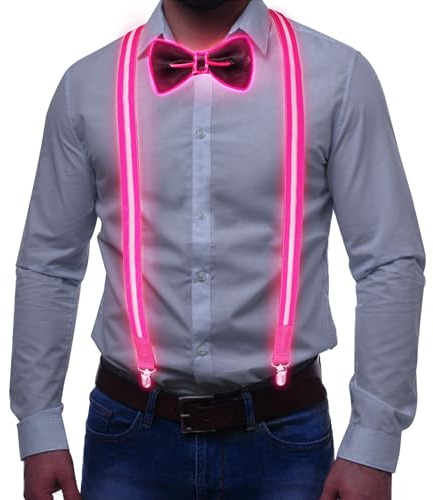 Tulov 2 Stück leuchtende hosenträger herren, mit leuchtender Fliege, LED-Leucht-Hosenträgerfür für Junggesellenabschied Männer und Festival-Gadget（Rosa）