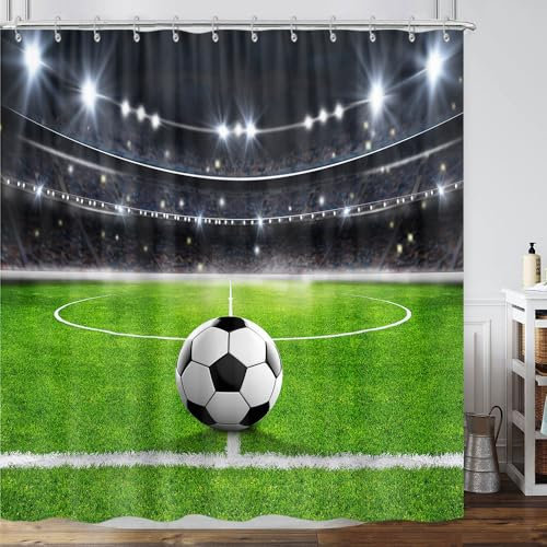 Fußball-Duschvorhang für Jungen, Kinder, Herren, American Football, Sport, Stadion, Feld, grüner Badevorhang, Arena, Fußball, cooles Kunstwerk, Stoff-Duschvorhang, maskulines Badezimmer-Zubehör mit