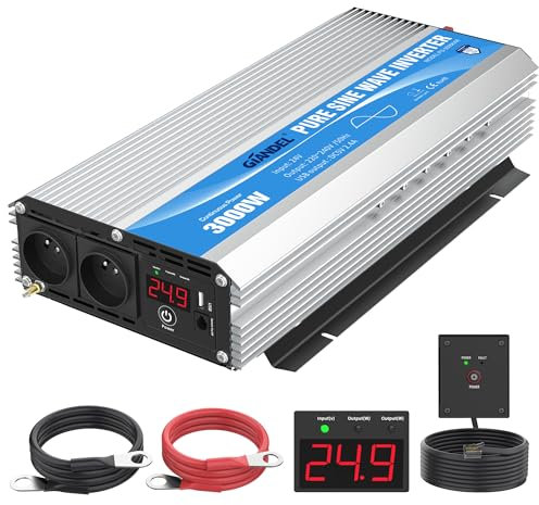 GIANDEL 3000W Convertisseur 24V 220V Pur Sinus Onduleur Onde Sinusoïdale Pure Transformateur Compatible Lithium-Batterie pour La Maison, RV, Camion, Hors Réseau Solaire avec 9 mètres Télécommande