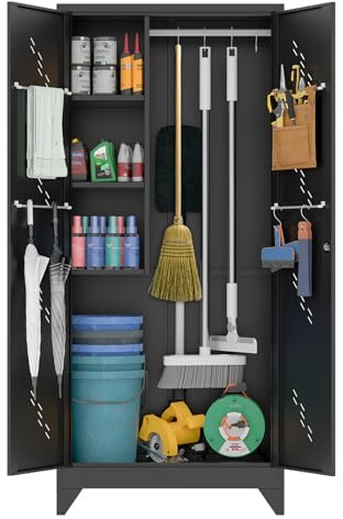 YILFANA 75 Metal Storage Cabinet with Lockable Doors, Functional Garage Storage Cabinets, Heavy-Duty Tool Organization Cabinet with Hanging Rod & S-Hooks (75 Utility Closet)