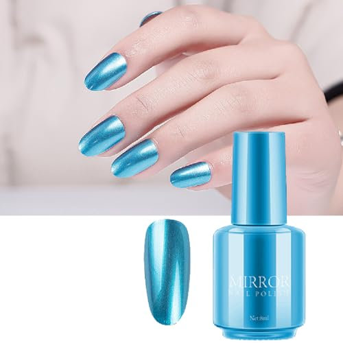 Mirror Nail Varnish Metal BLUE Nail Polish, Metallic Effect Nail Art Polish, Auroras Shining Pearl Shell Sparkle Gel Nail Polish Home, Mirror Effect Nail Varnish, Long Lasting & Chip Resistant