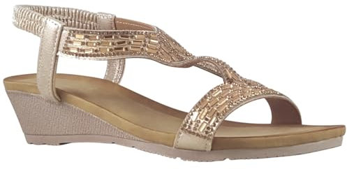 Jo & Joe Ladies Mid Heel Wedge Comfort Sandal with Glitzy Jewels and Elasticated Slingback Strap, Flexible sole sizes 4-8 (Rose Gold, UK Footwear Size System, Adult, Women, Numeric, Medium, 7)