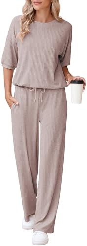 AOHITE 2-teiliges Damen-Outfits, Lounge-Set, kurzärmelig, Pullover, Tops, elastisch, weites Bein, Jogginganzug, Trainingsanzug, Dirty Pink, XL