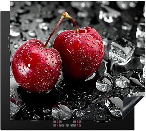 KitchenYeah© Herdabdeckplatte 60x52 cm Einteilig Herdabdeckung Abdeckplatte für Ceranfeld Abdeckung Induktionskochfeld Aufrollbare Matte Kirschen - Rot - Obst - Schwarz