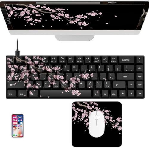 VHPUNW Clavier de jeu mécanique RVB à 65 % en bois avec interrupteur blanc silencieux, clavier filaire avec tapis de souris (clavier japonais en fleurs de prunier japonais)