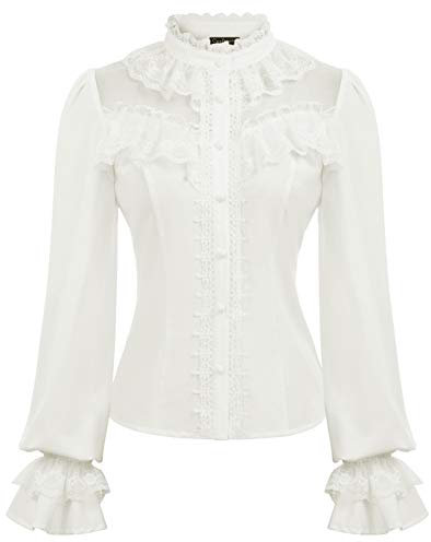CURLBIUTY Womens Long Sleeve Shirt Vintage Victorian Blouse Ruffle Mediaeval Goth Corset Tops White L
