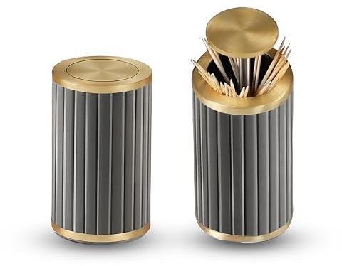 Weisheit Luxury Zahnstocherspender Toothpick Zahnstocherbox Zahnstocheraufbewahrung aus edlem Messing mit Leder und Pushfunktion für Zahnstocher bis 6,5 cm