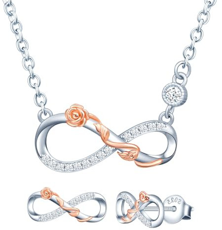MICMIF Set Bijoux Infini pour Femme Fille en Argent 925 et Zirconium Fleur de Rose sur l'infini Boucles D'oreilles et Collier, Clous D'oreilles et Collier Pendentif Rose Fleur Parure