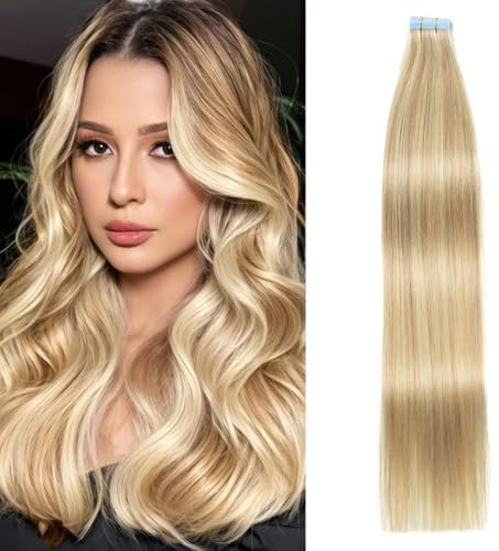 AGMITY Tape In Extensions Echthaar 20pcs 30cm 40g Aschblond mit Bleichblond Invisible Tape Extensions Echthaar Extensions Echthaar Ombre Tape Extensions Skin Weft Haarverlängerung(30cm #18/613)