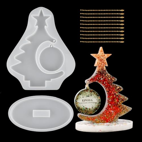 EPODA Epoxidharz Formen Weihnachtsbaum Bilderrahmen, Silikonformen Epoxidharz Weihnachten, Silikonform Fotorahmen mit Runde Anhänger Gießen Harzform Haus Dekoration