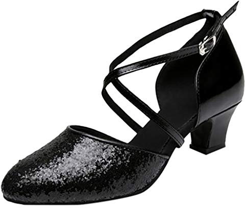 Mumuj Sommerschuhe Damen Elegant Tanzschuhe Damen Flach Schuhe Prom Square Dance Damenschuhe Lateinischer Tanz Gesellschaftstanz Mittlere Absätze für Damen Schuhe Silber Schuhe Schwarz (Black, 38)