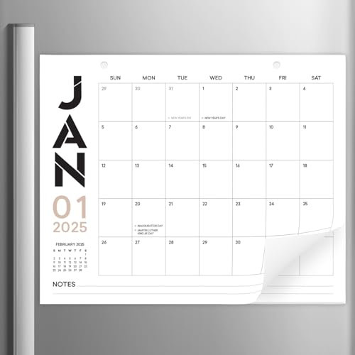 Paper Play Black & Beige Horizontal Magnetic Calendar -18 Months Calendar January 2025 to June 2026, 11x13.5 Inches - 2025 Fridge Calendar Modern Design with Notes Section