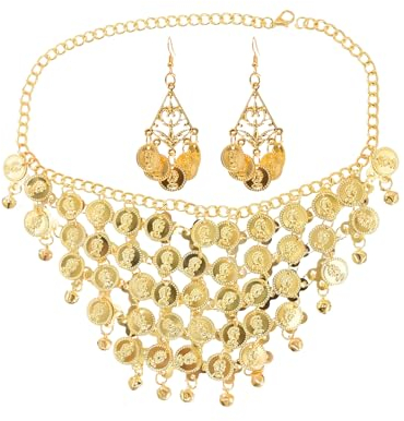 KGDUYC Bauchtanz chmuckset - 3 pcs Kostüm Damen Schmuck,Ohrringe und Kette set, Vergoldetes Bauchtanz-Schmuckset für Frauen, Böhmen Goldmünze Schmuck Kleine Münzen, Für Mottoparty, Karneval